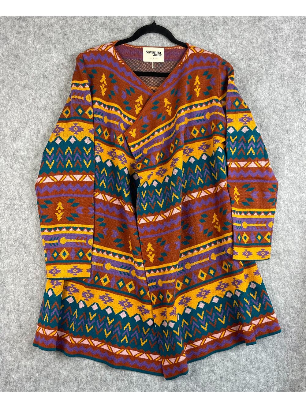 Savanna Jane Long Cardigan Women Large Geometric Knit Aztec Tribal Boho